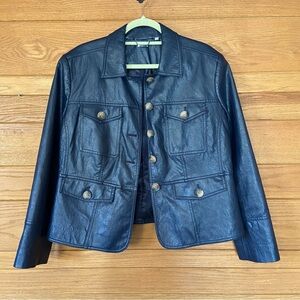 Chico's navy faux leather button front chore coat jacket